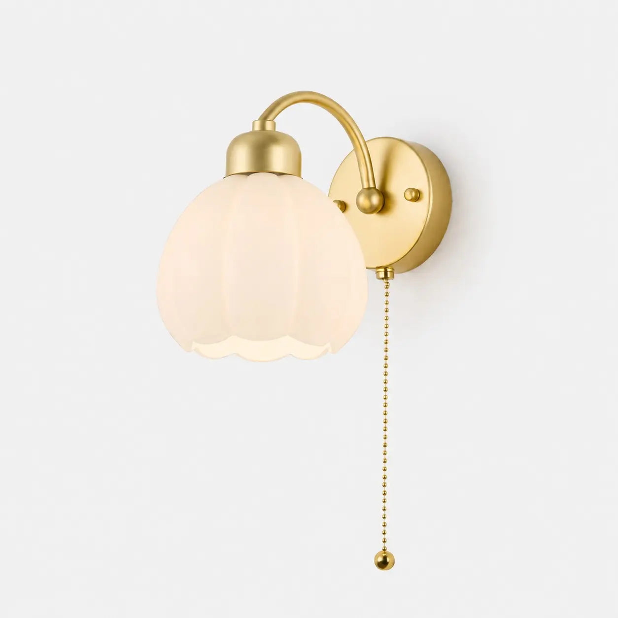 Iron milk glass flower wall lamp with pull chain