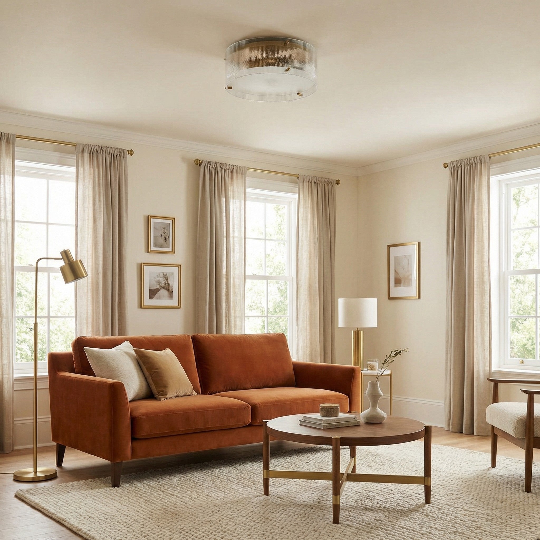 Glimmerove Fluted Glass Brass Round Ceiling Light – Rustic Chic Flush Mount for Living Rooms and Bathrooms