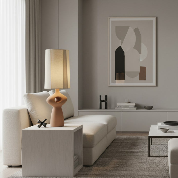 Pryssa Ceramic Table Lamp with Ivory Linen Shade -  Artistic Lighting for Living Room or Bedroom