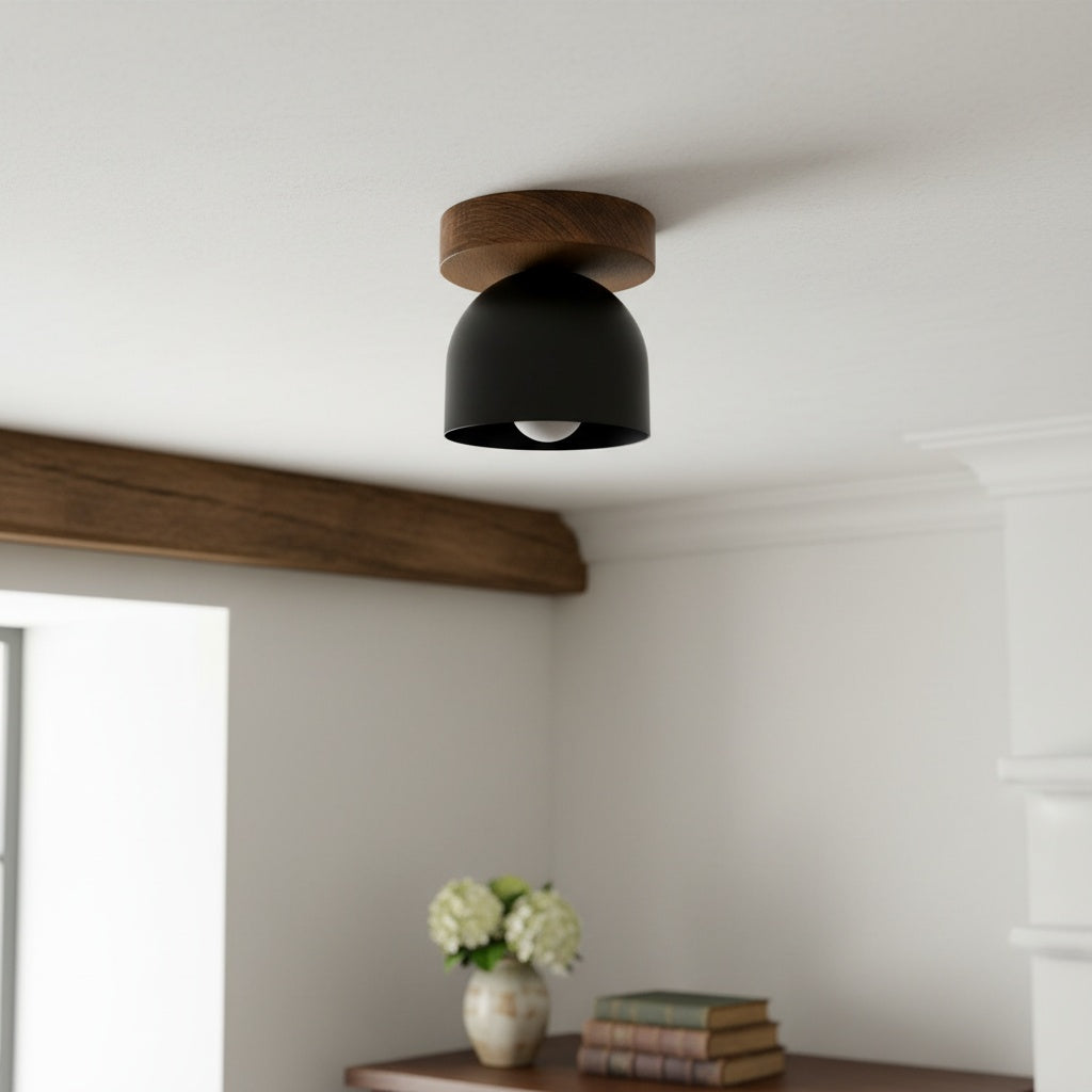 Metio Dome Moderne rustikale Deckenleuchte – Holz- und Metallfusion
