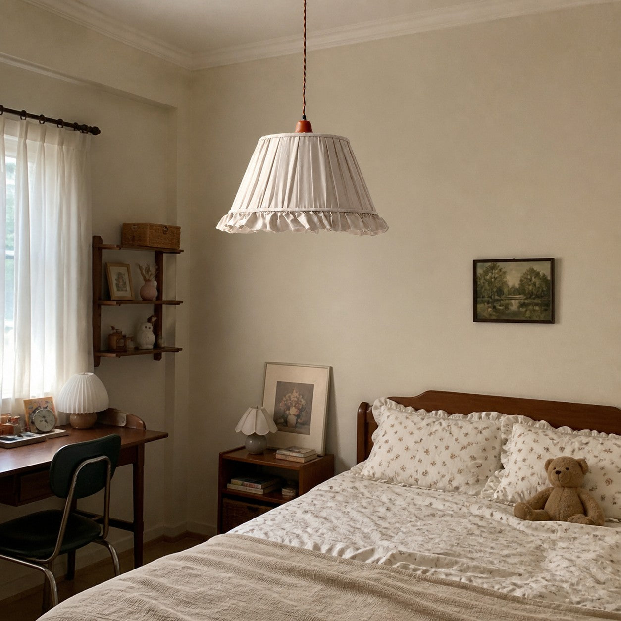 Pleated fabric pendant light installed in a calm bedroom