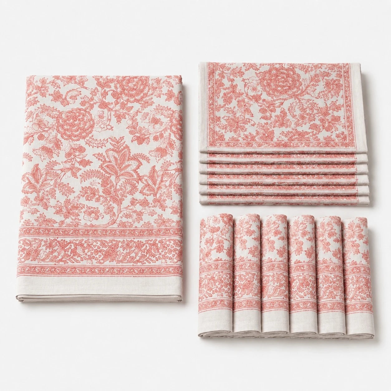 Folded soft coral vine floral cotton linen tablecloth set
