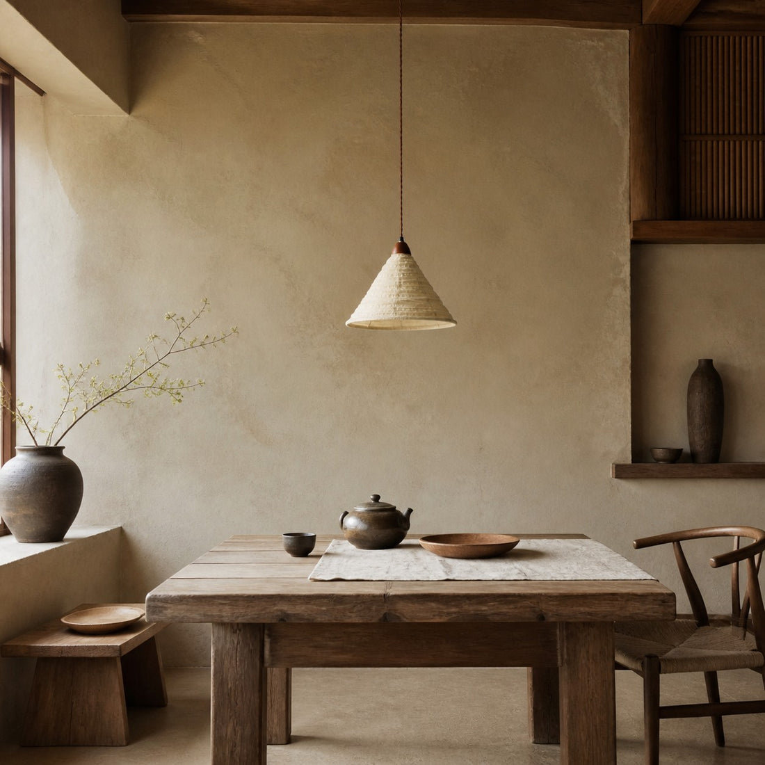 Pleated Fabric Cone Pendant Light with Wood Holder