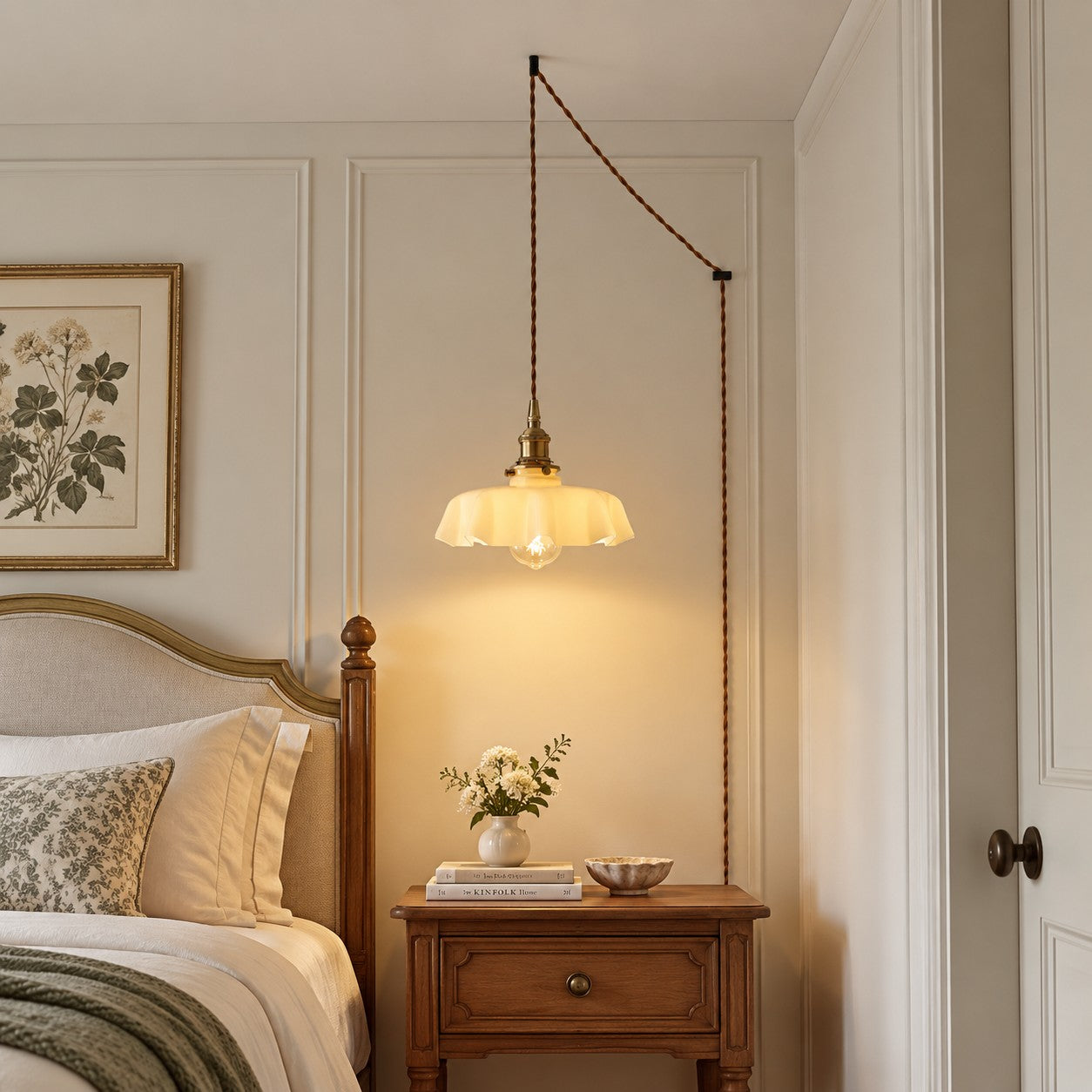 Pleated Glass Antique Brass Plug-In Swag Pendant