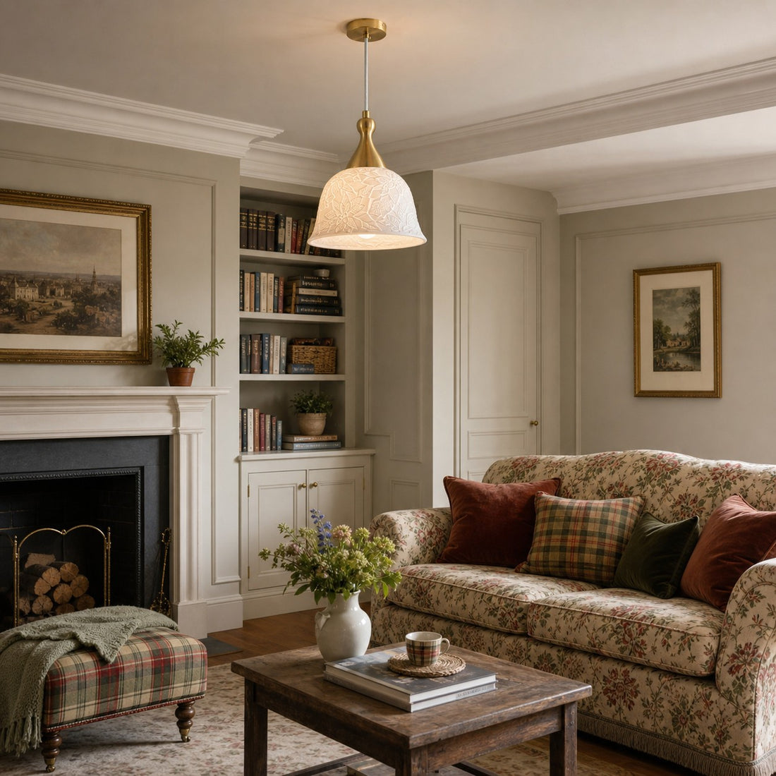 French style white pendant chandelier in a sitting room