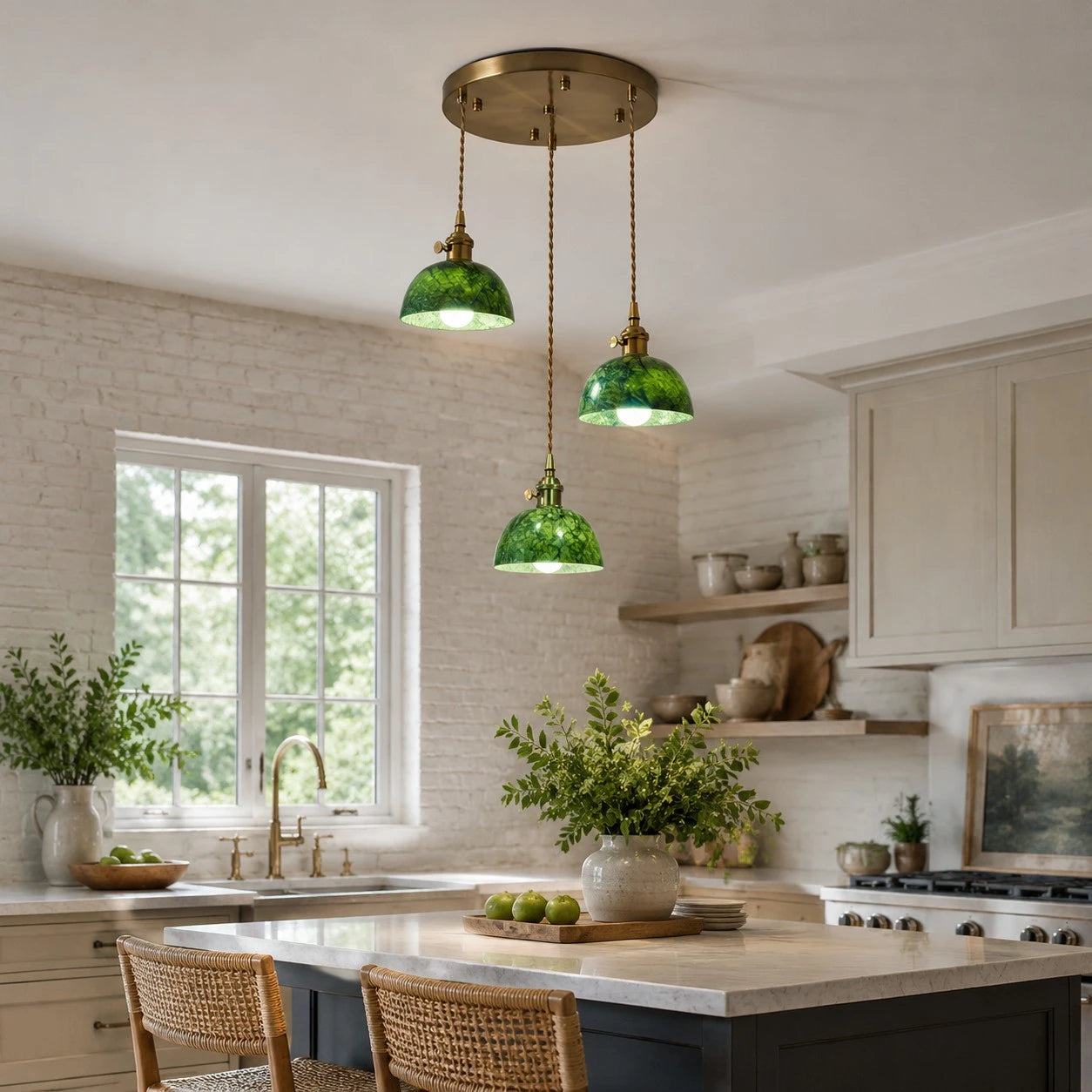 Round canopy jade pendant lights over a kitchen island