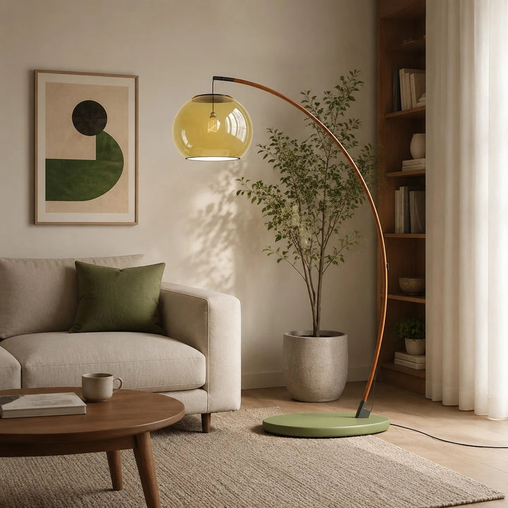 Vintage green glass floor lamp in a living room
