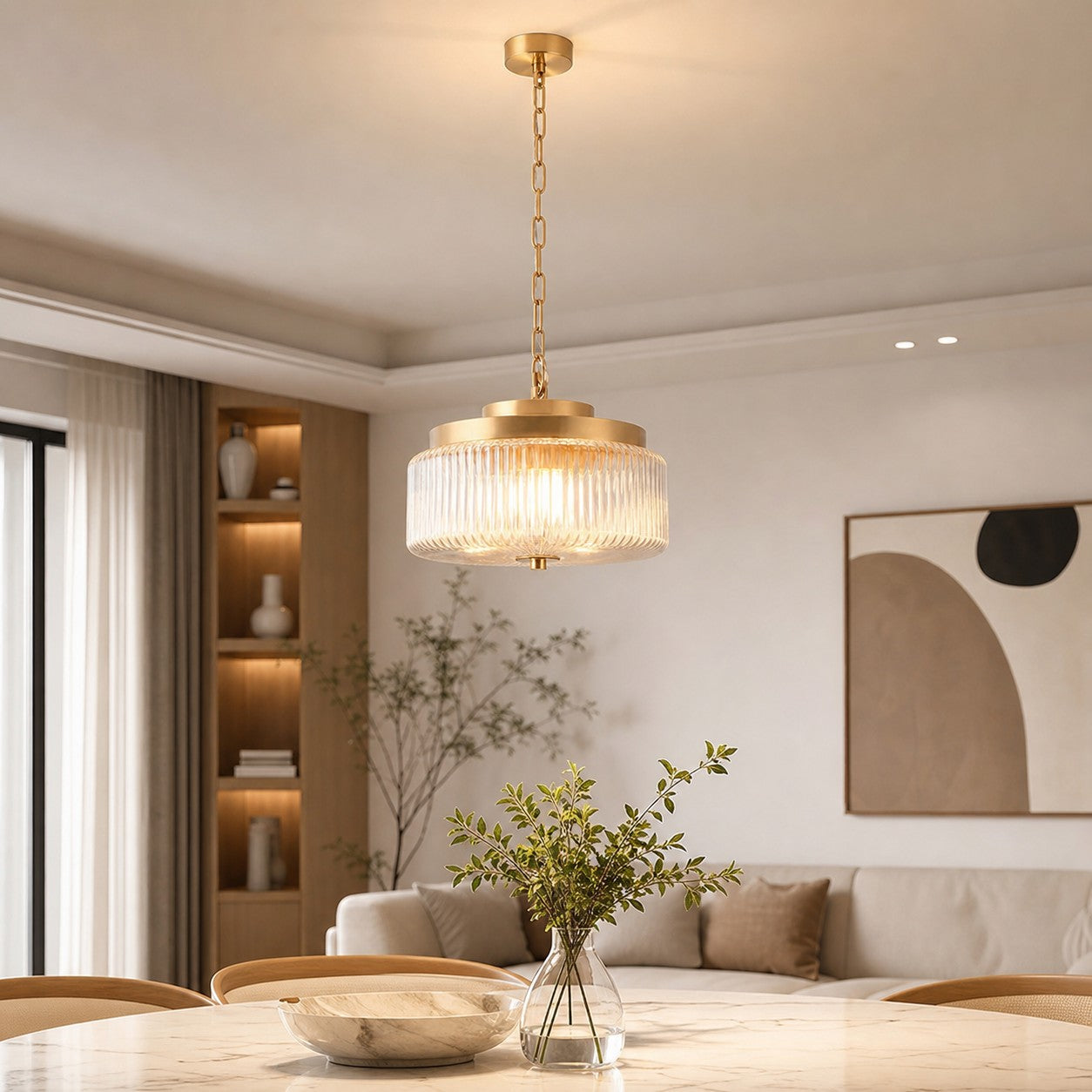 Antique Brass Ribbed Glass Ceiling Light
