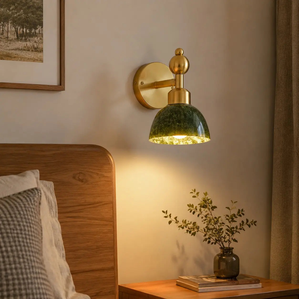 Green stone wall light installed beside a bed
