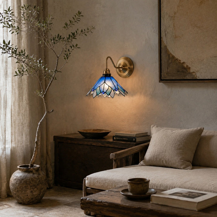 Blue Stained Glass Wall Sconce With Curved Arm