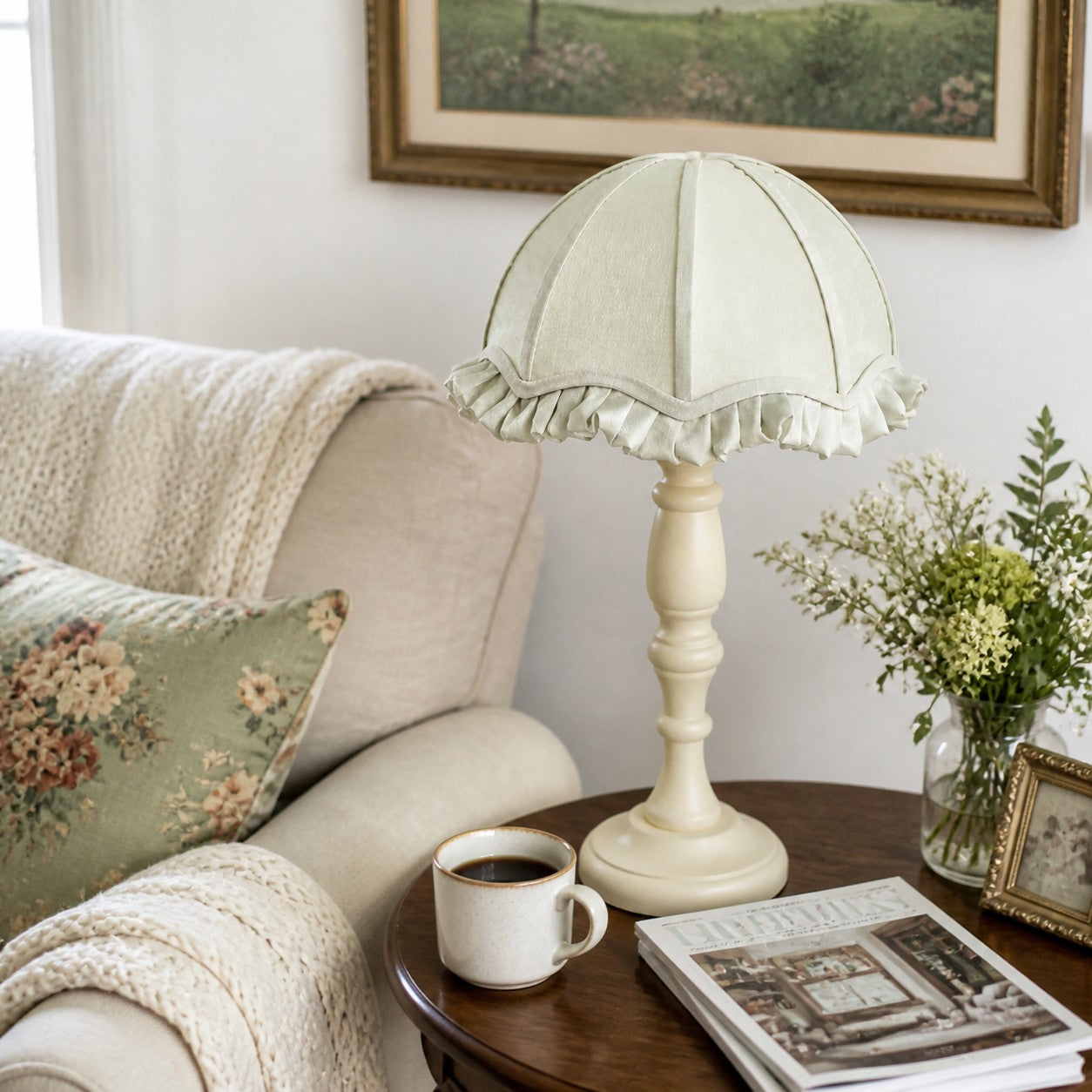 Ice green fabric shade table lamp in a living room
