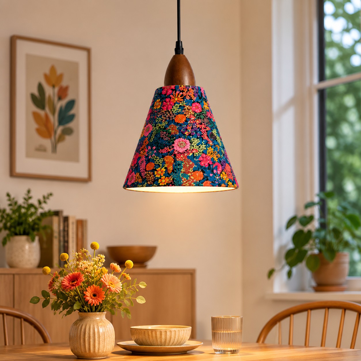 Gold foil floral pendant above colorful dining table setting
