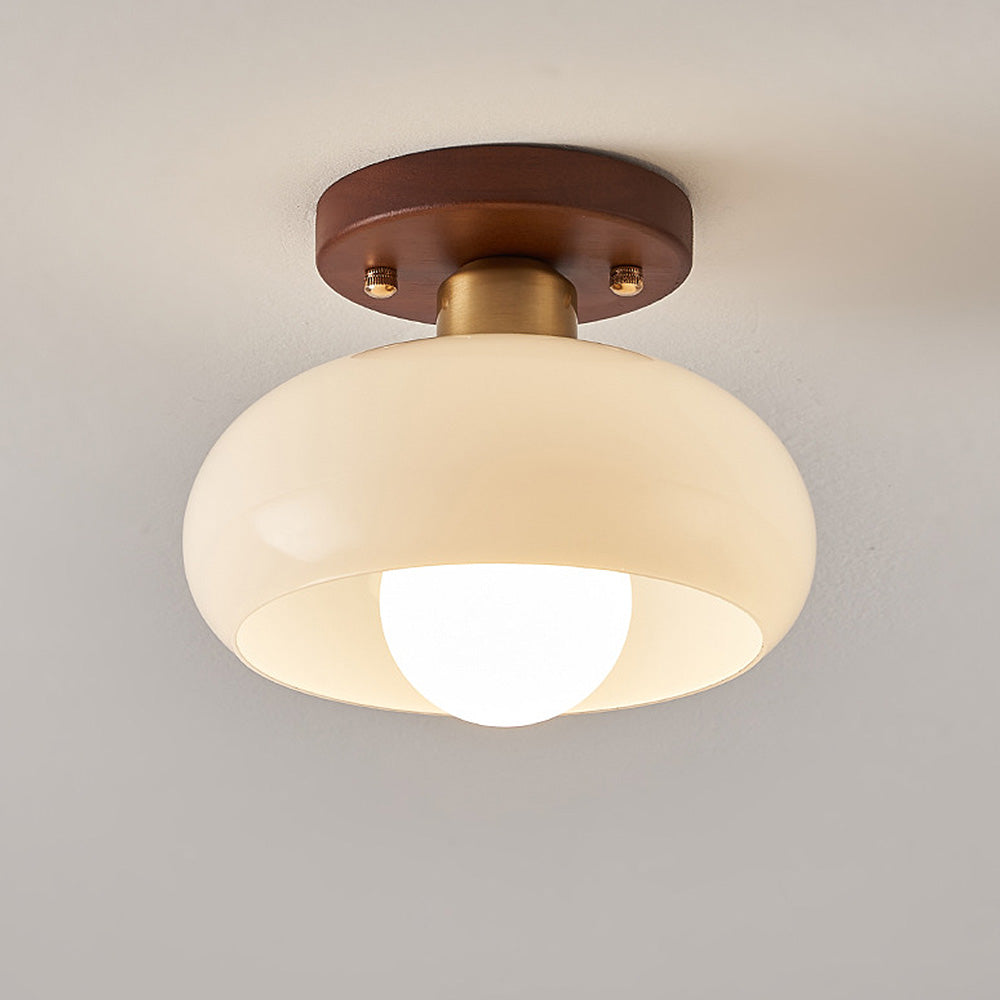 Cream Glass Ceiling Light - Vintage Bauhaus Walnut Lamp for Hallway