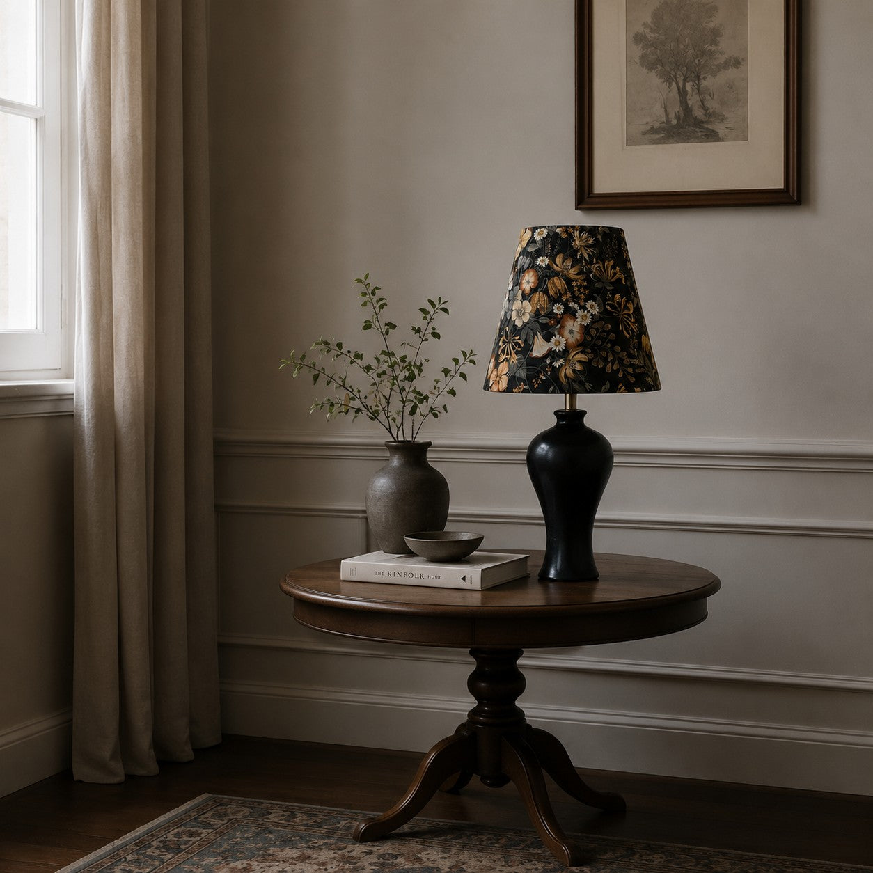 Black floral table lamp in room setting