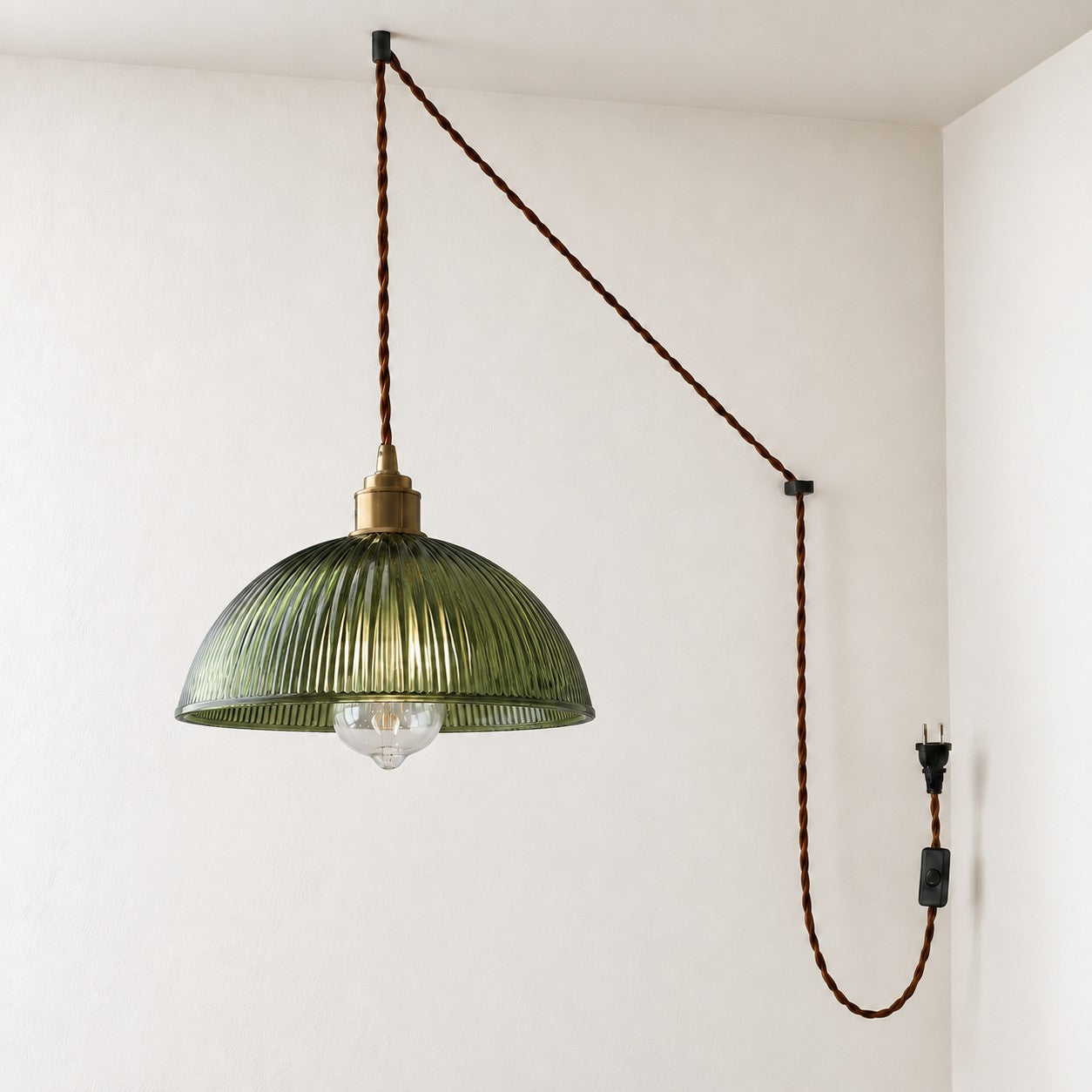 Vintage Ribbed Glass Shade Plug‑in Swag Pendant Light - Hanging Lamp for Dining and Living Room