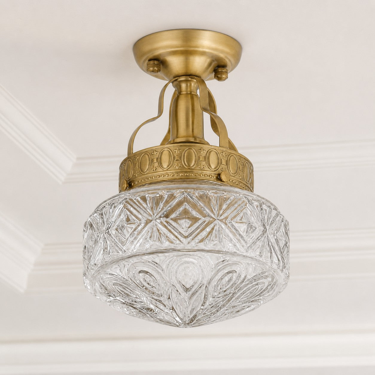 Clear Glass embossed Art Deco ceiling light in a bright classic interior