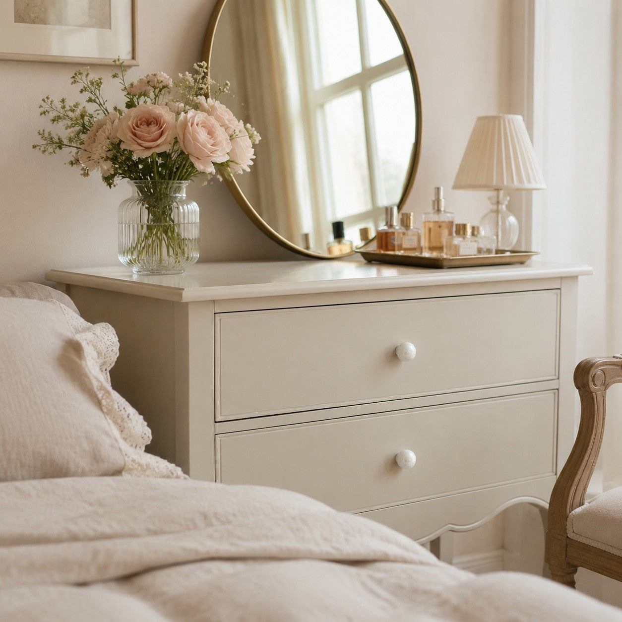 Pearl white cabinet knobs in a bedroom setting