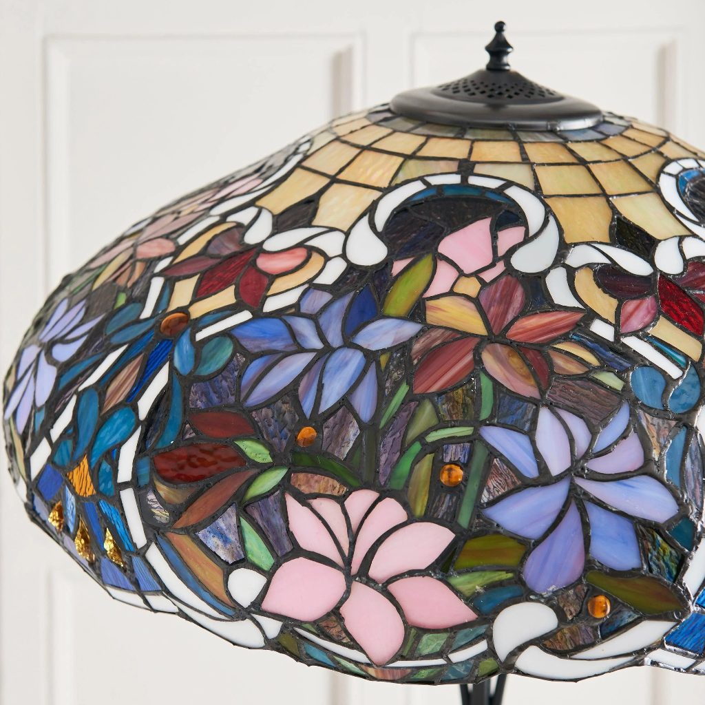 TF Sullivan Tiffany Floor Lamp - Floral Stained Glass Design for Study or Living Room