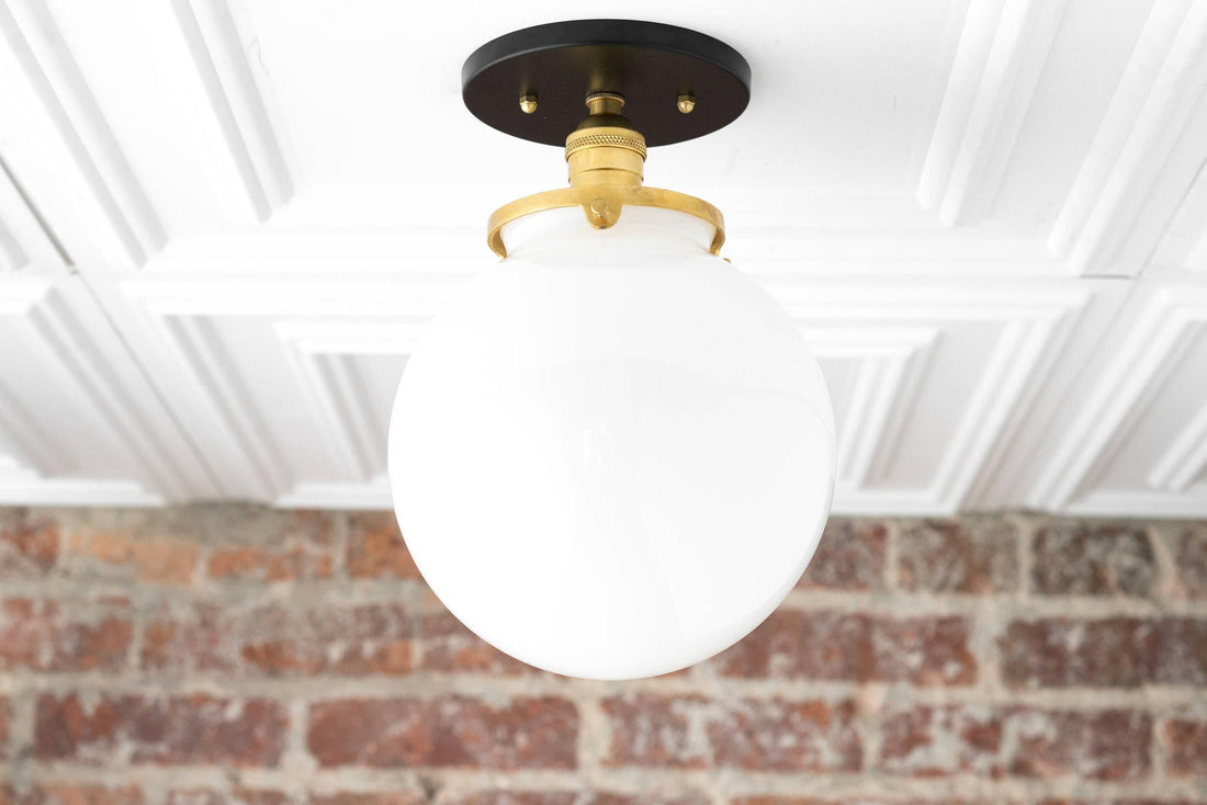 Glorica Glass Mid Century Semi Flush Ceiling Light - White Opal Glass Globe Fixture