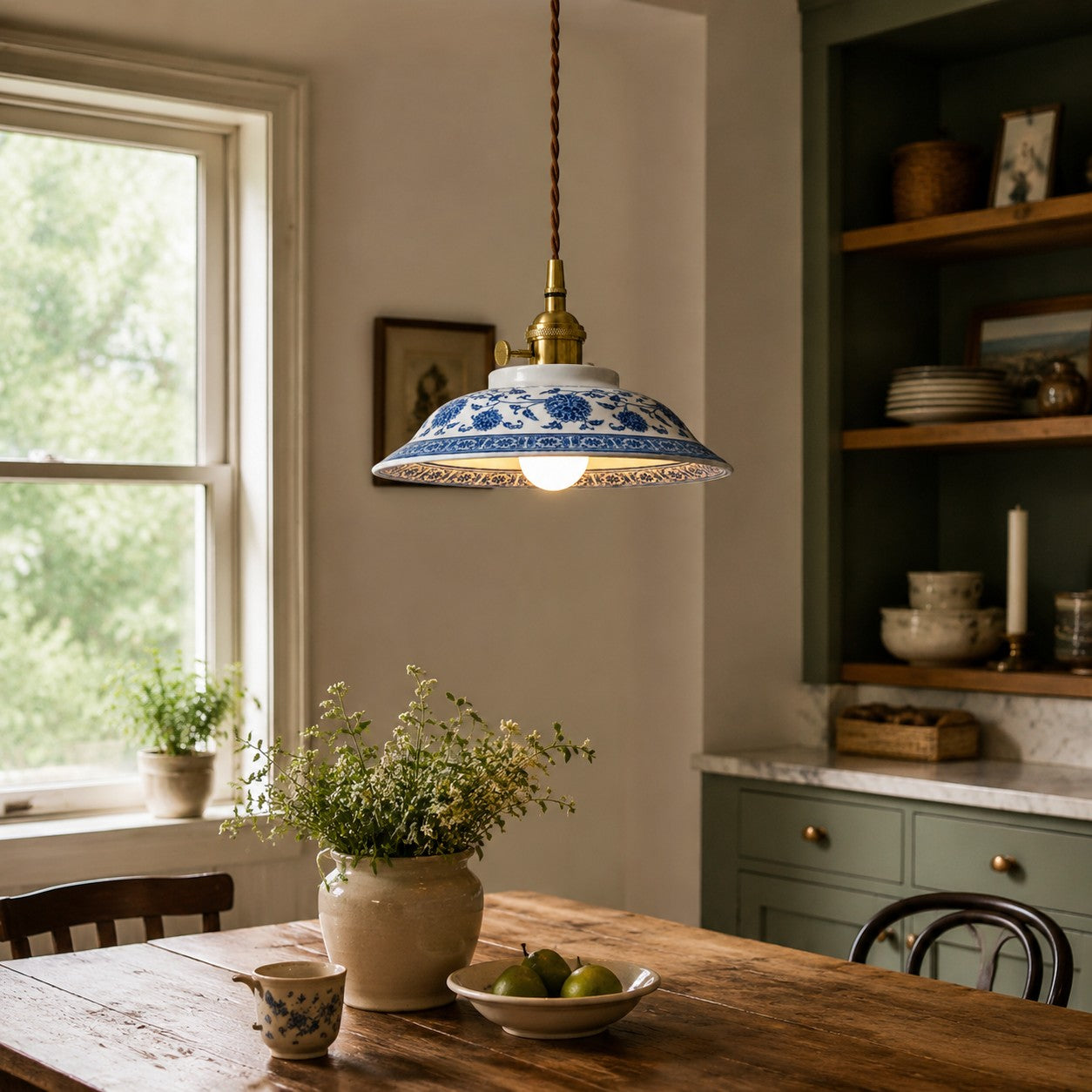 Blue And White Ceramic Pendant Light with Brass Accents