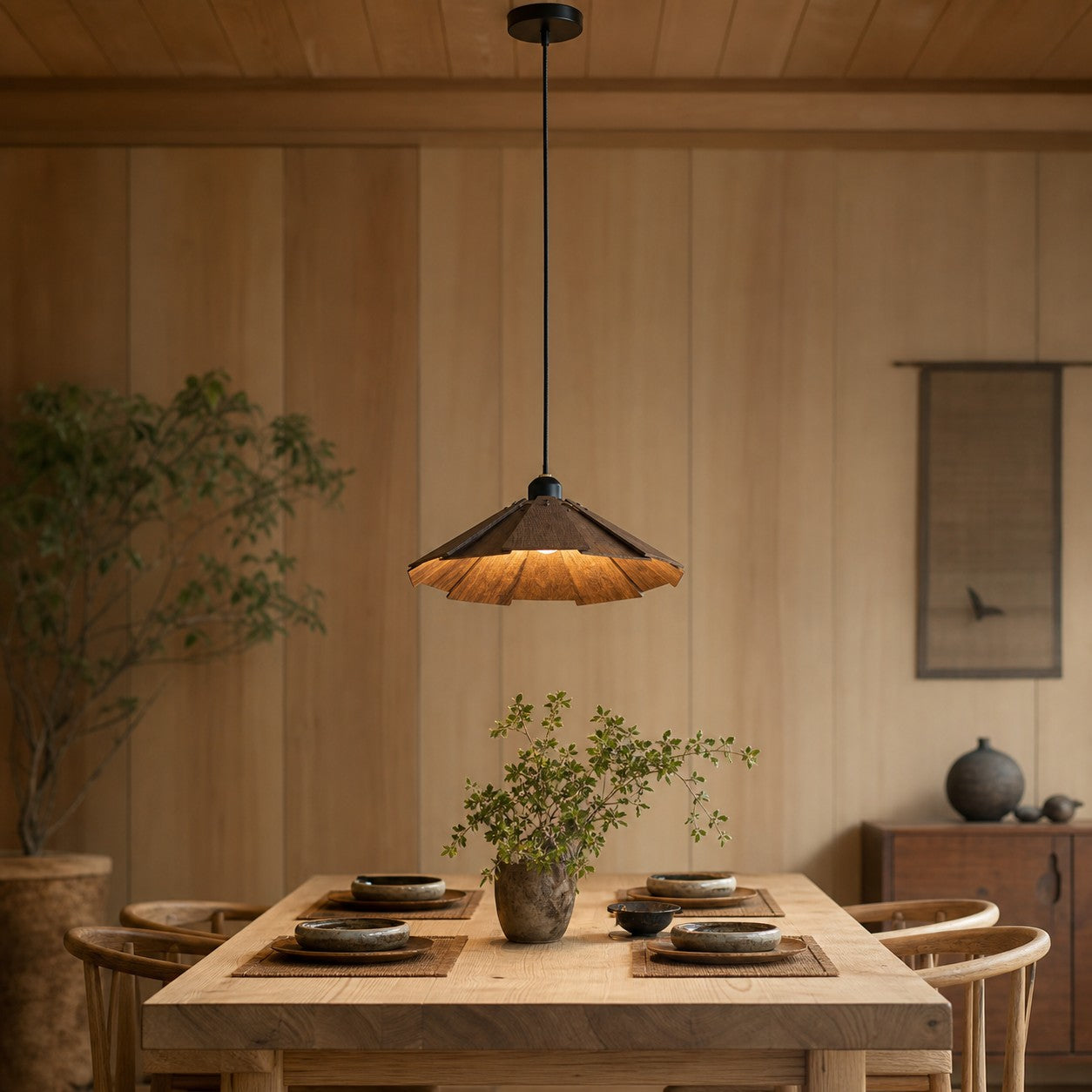 Wooden pendant light above a dining table