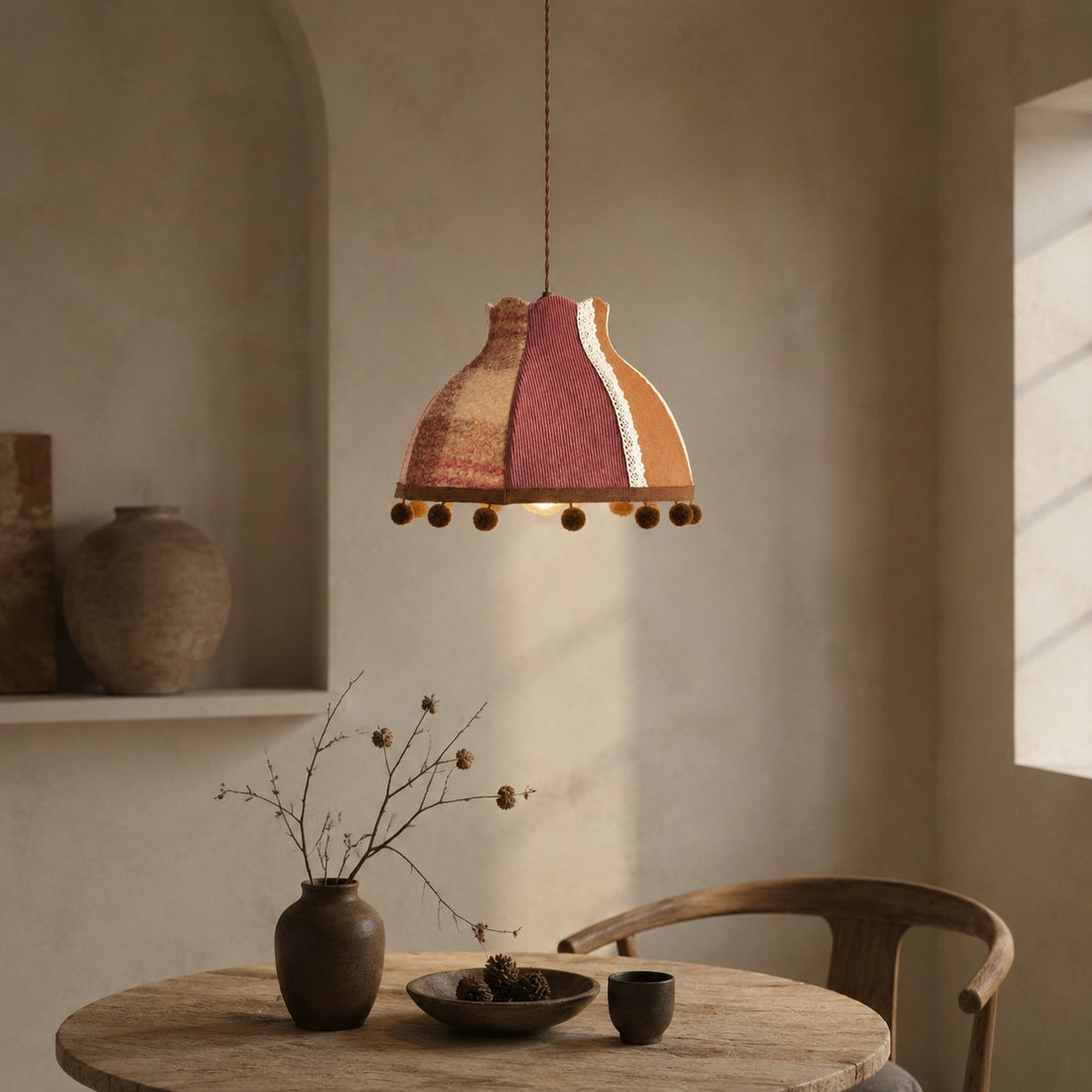 Patchwork Fabric Pom-Pom Pendant Light