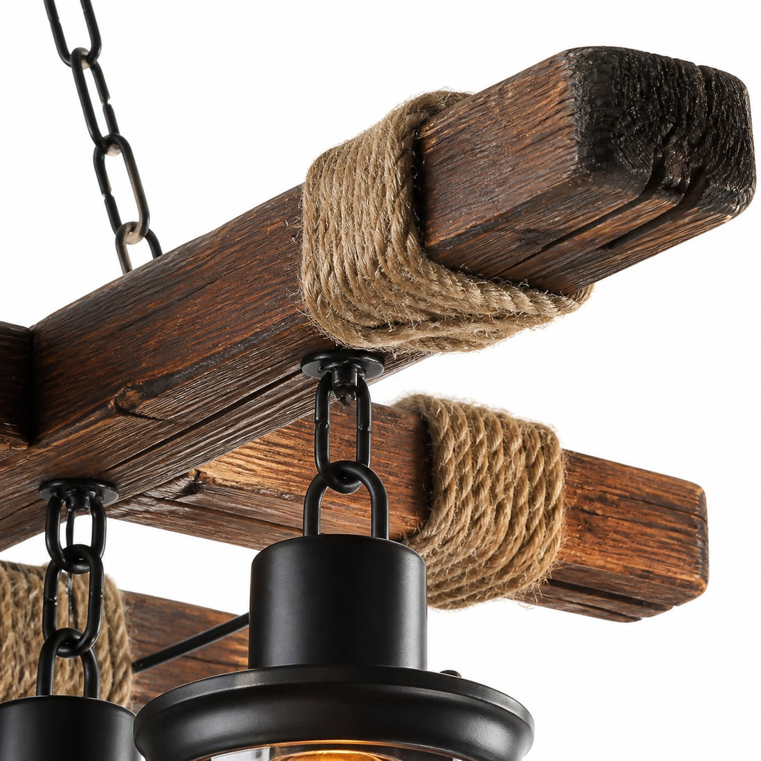 Rustic Wood Beam and Rope 8-Light Chandelier detail image 5