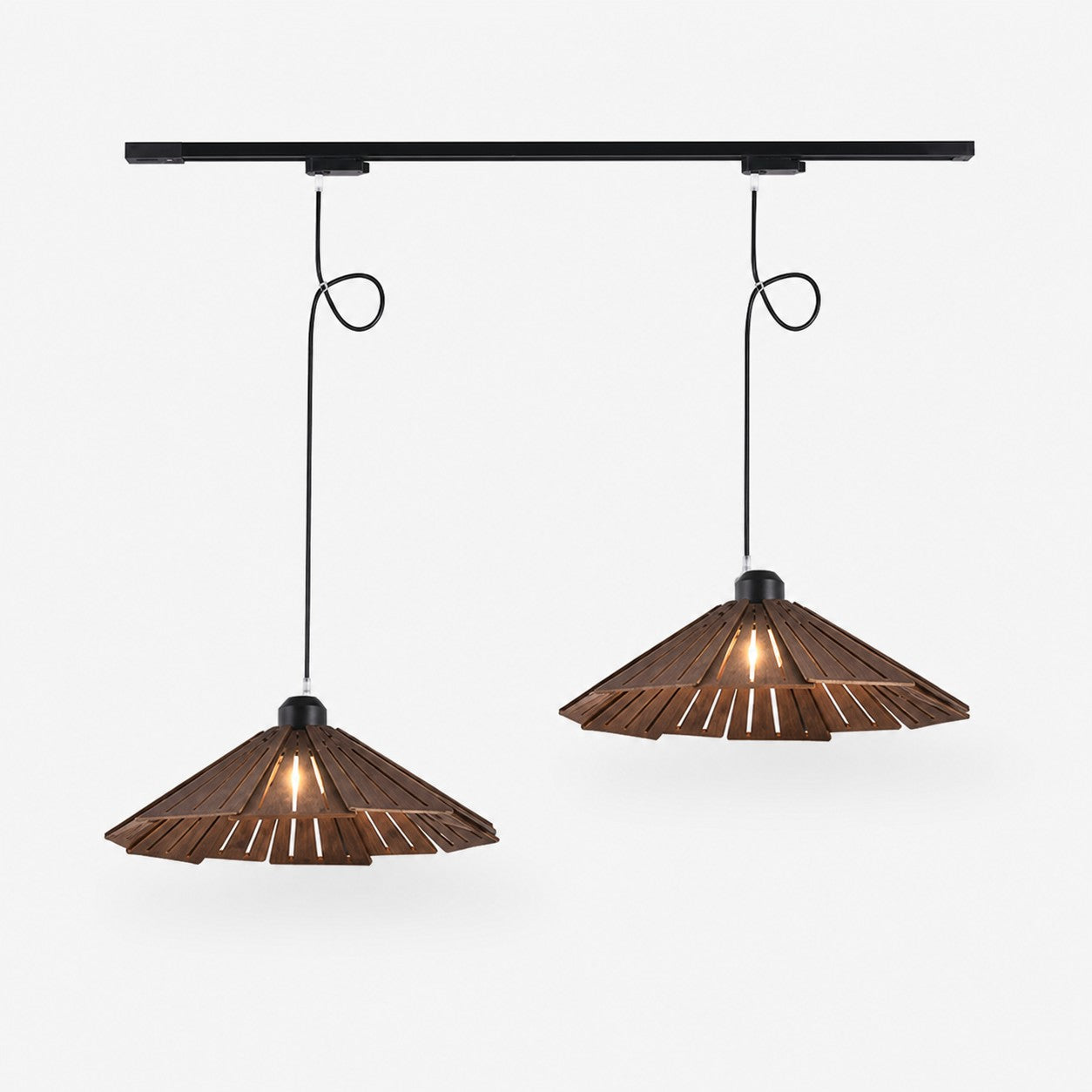 Walnut A two light track wooden pendant light 35cm