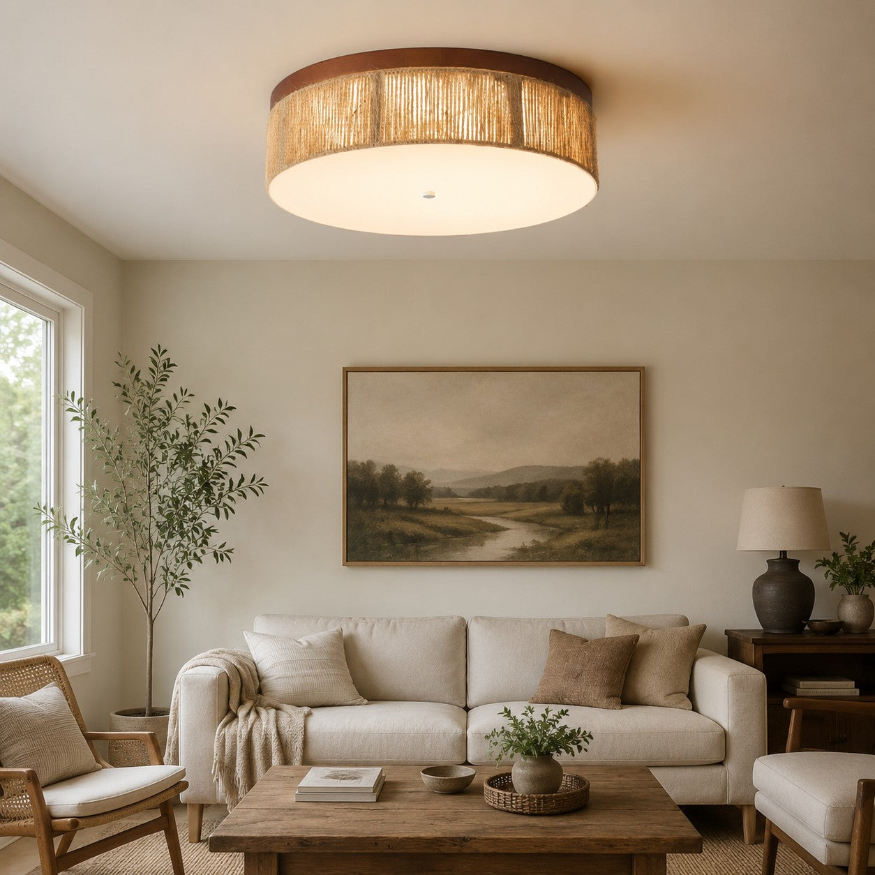 Wabi-Sabi-LED-Deckenleuchte aus massivem Holz und geflochtenem Seil