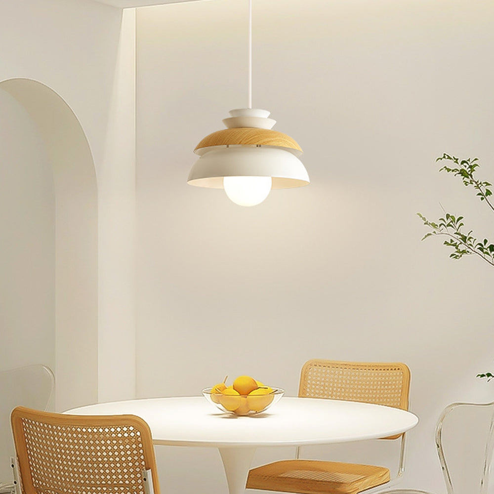 Modern Dome Pendant Light - Metal Wood Grain Fixture for Dining Room
