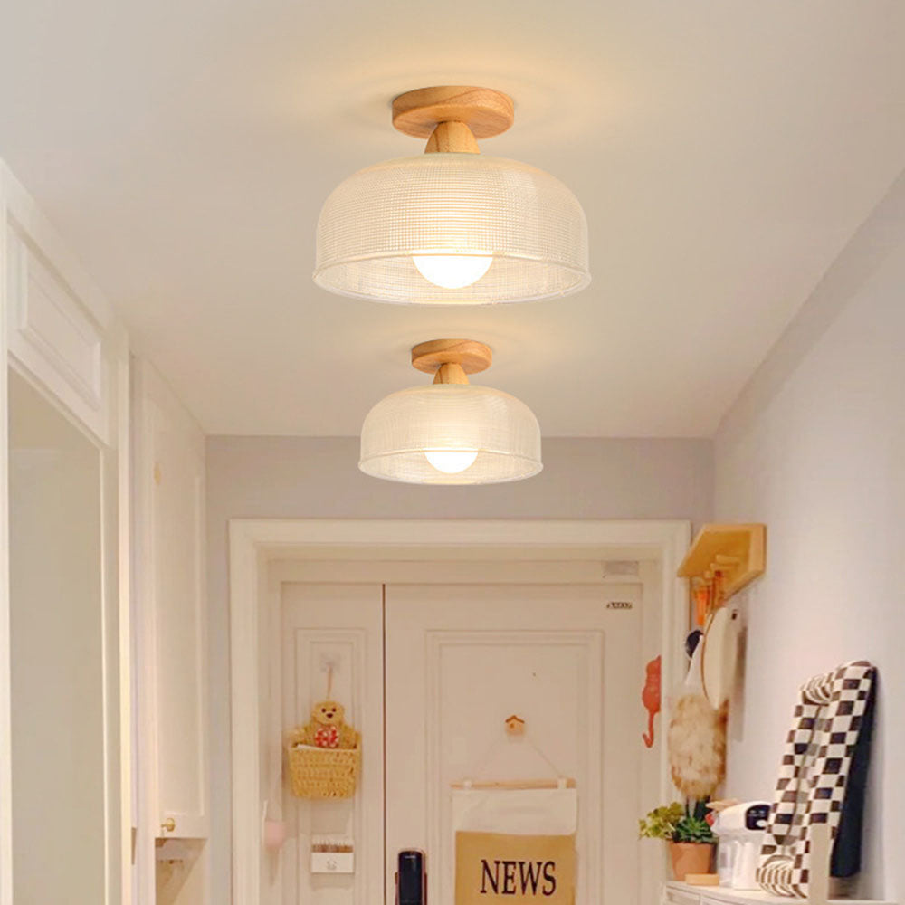 Solid Wood Glass Ceiling Lamp - Modern Semicircle Fixture for Hallway