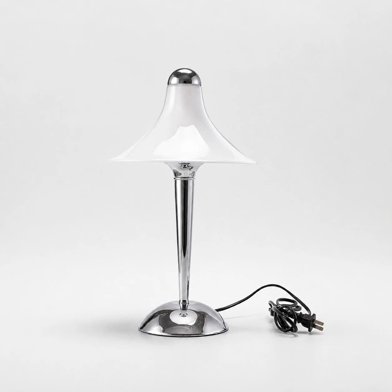 Flared white shade and chrome stem detail