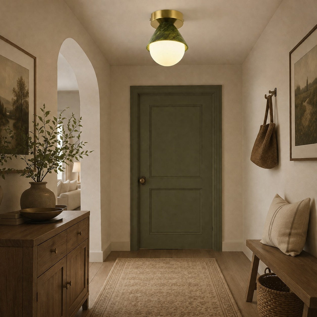 French Green Jade Flush Mount Ceiling Lamp