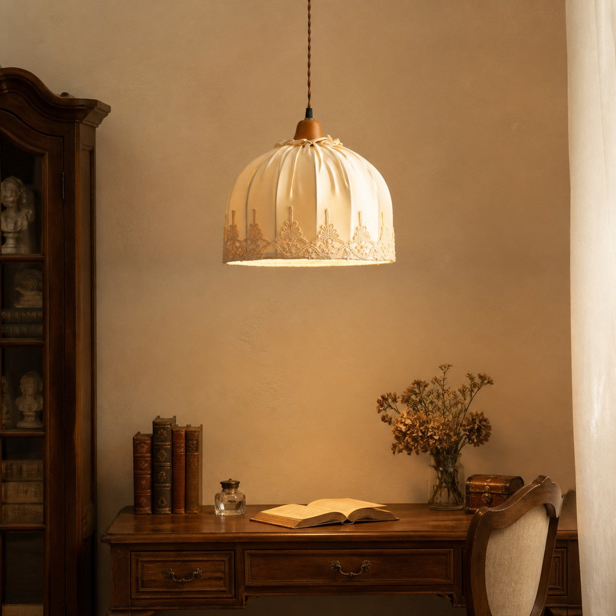 Vintage lace fabric pendant light over a console table