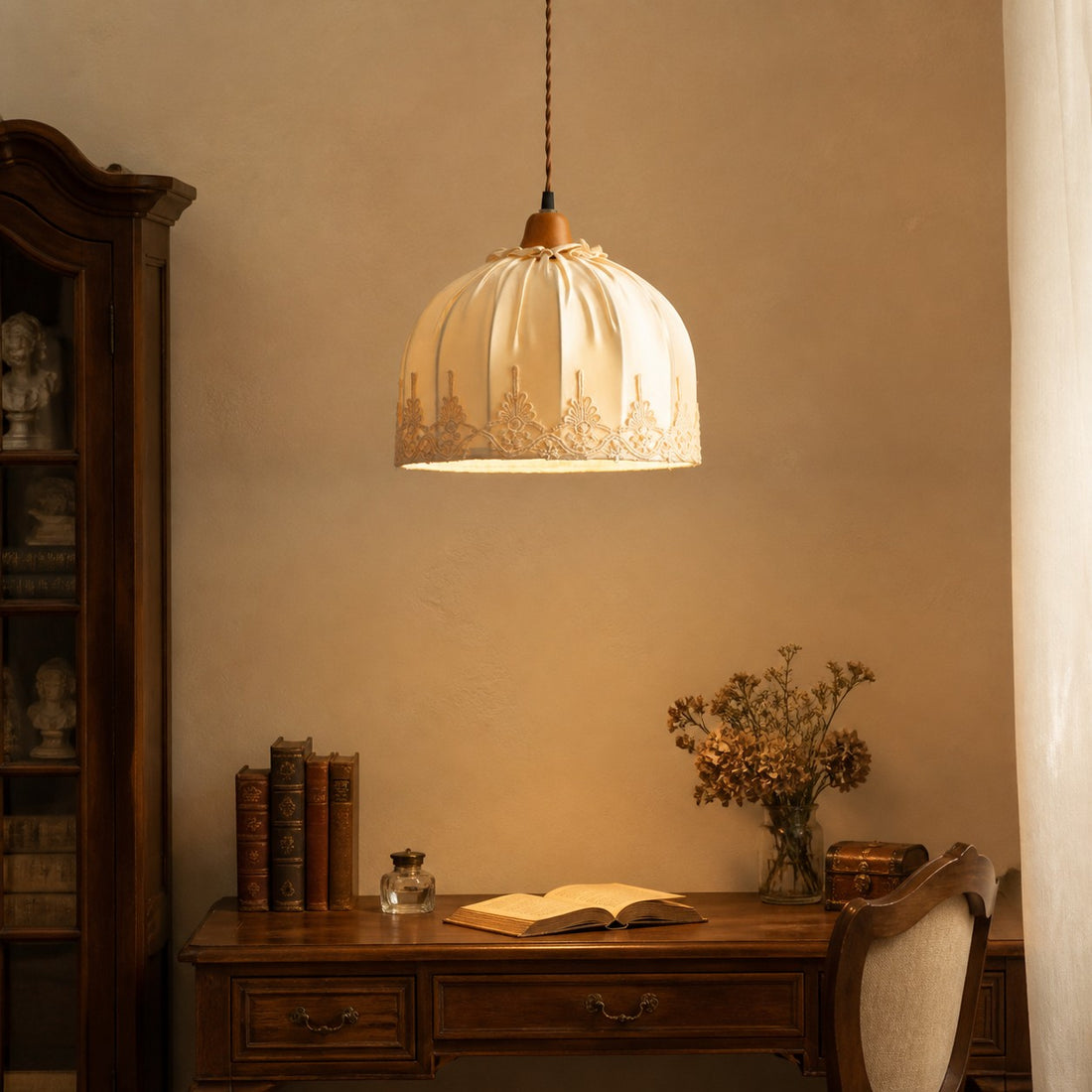 Vintage lace fabric pendant light over a console table