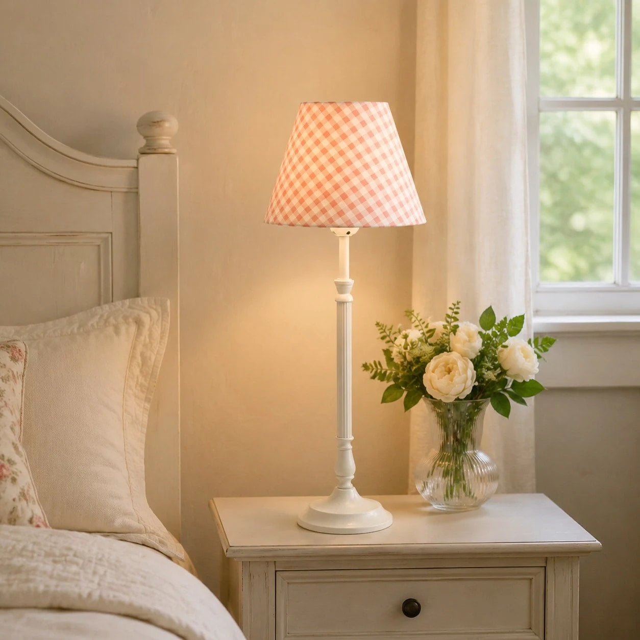 Pink gingham French country table lamp by a bed