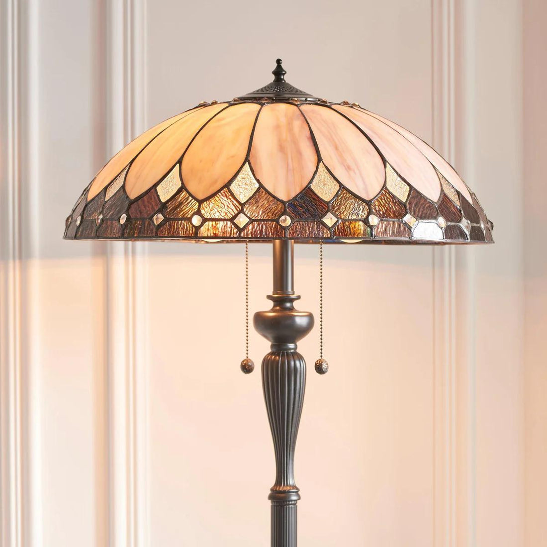 TF Brooklyn Geometric Art Deco Tiffany Floor Lamp –  Stained Glass Shade and Satin Black Base for Living Room