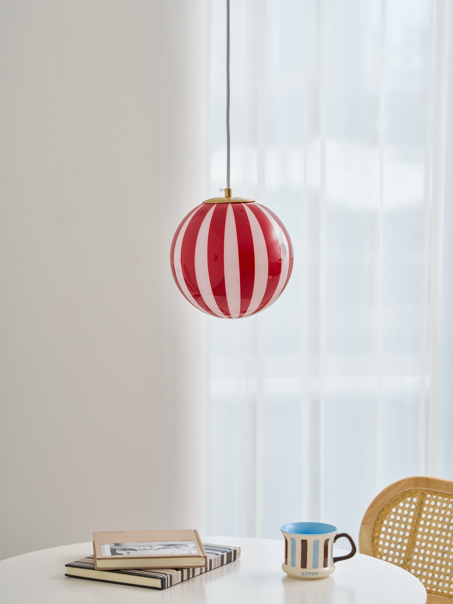 Red Striped Glass Globe Hardwired Pendant