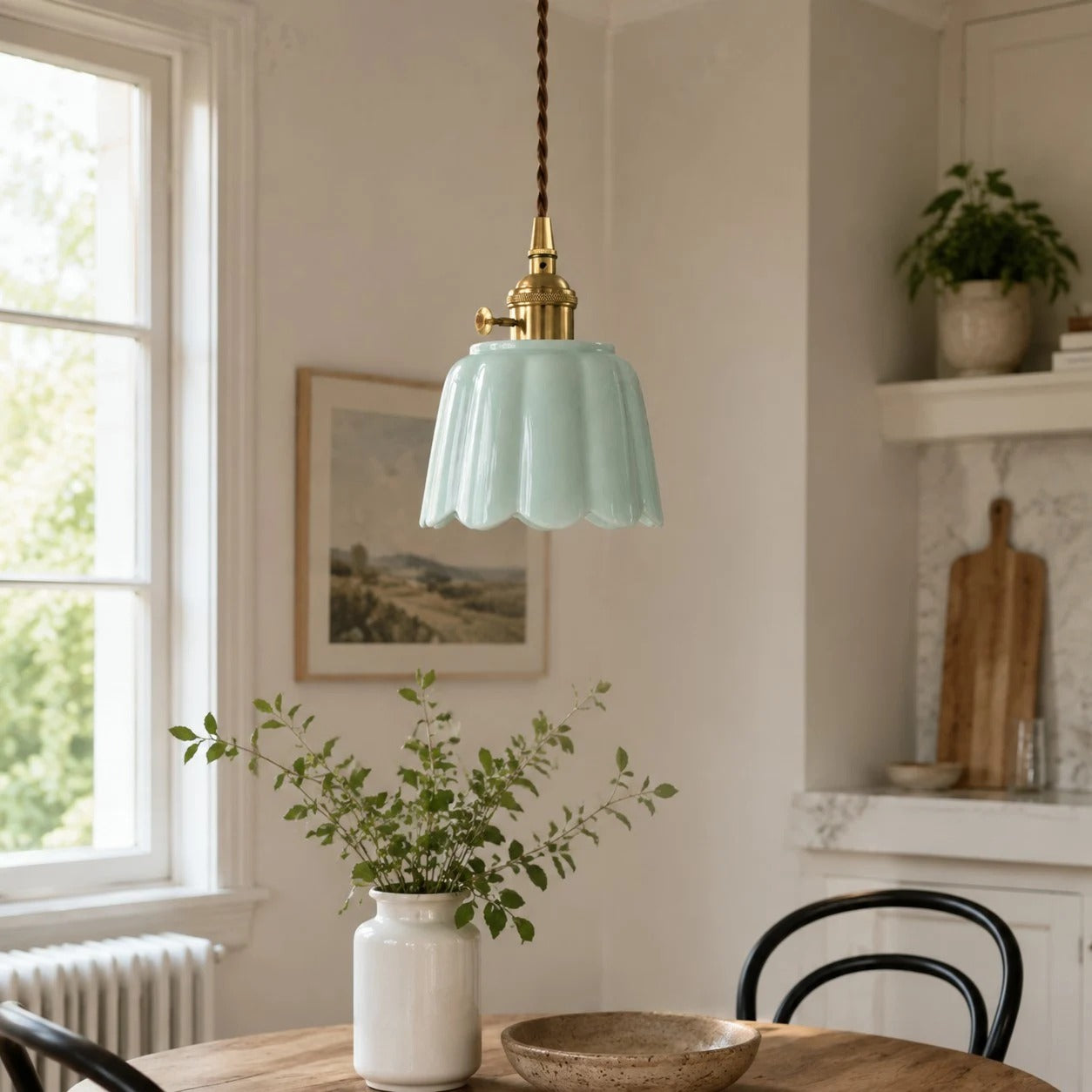 Ceramic lotus pendant in a dining corner