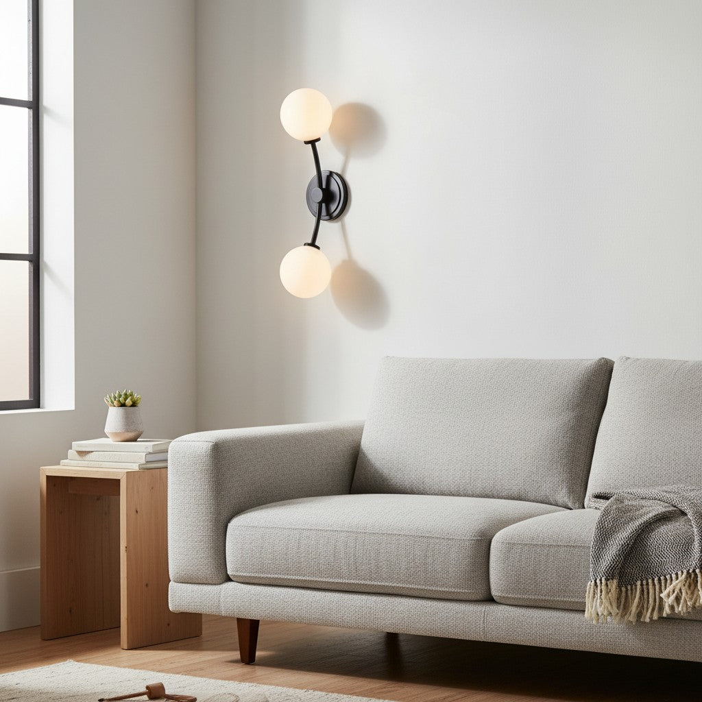Arden Glass 2 Light Iron Wall Sconce - Modern Curved Design for Bathroom or Hallway