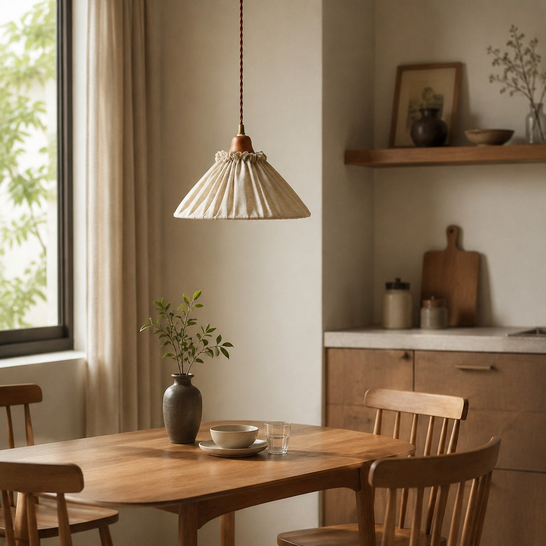 Natural linen pendant light glowing above a round dining table