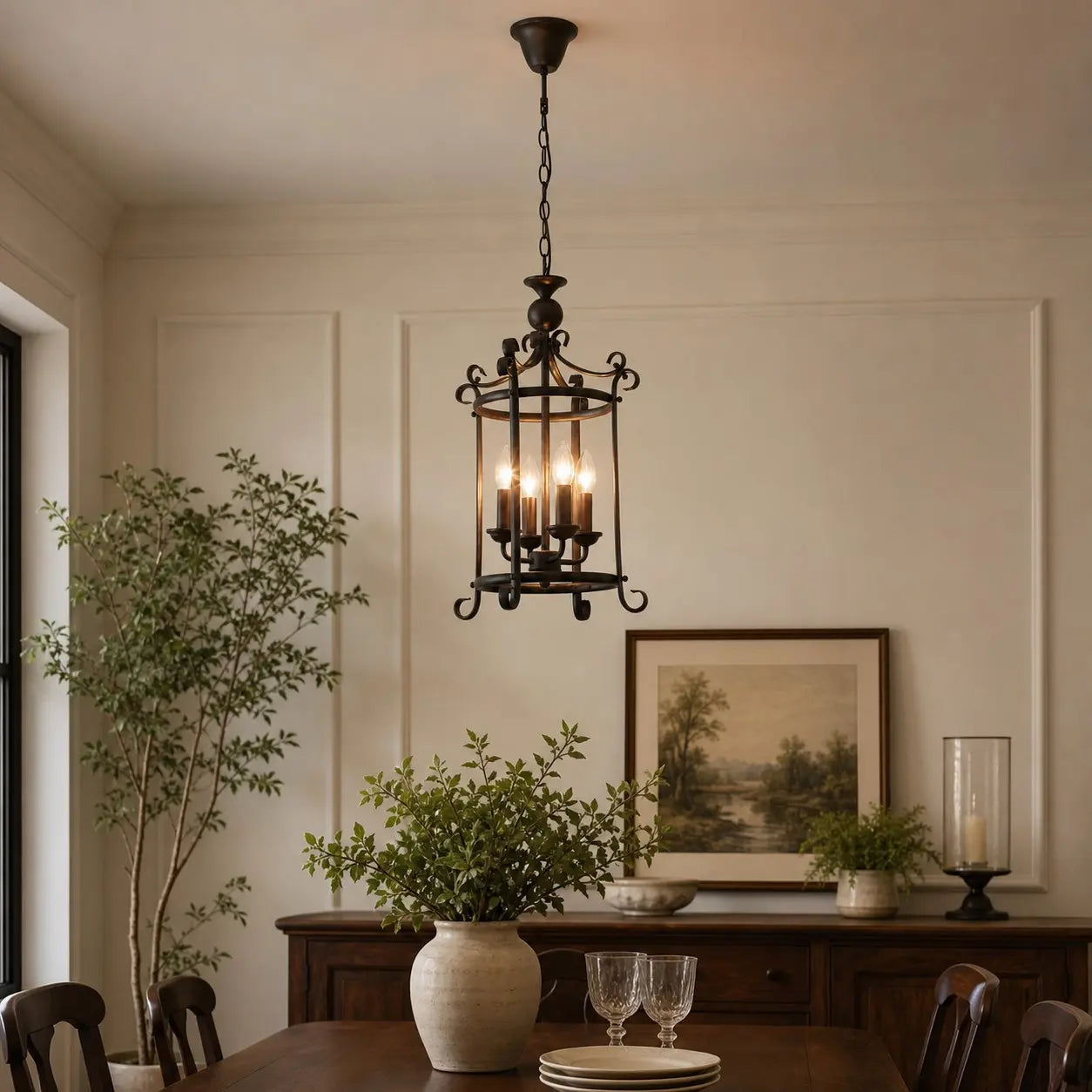 Black iron pendant installed in a bright dining room