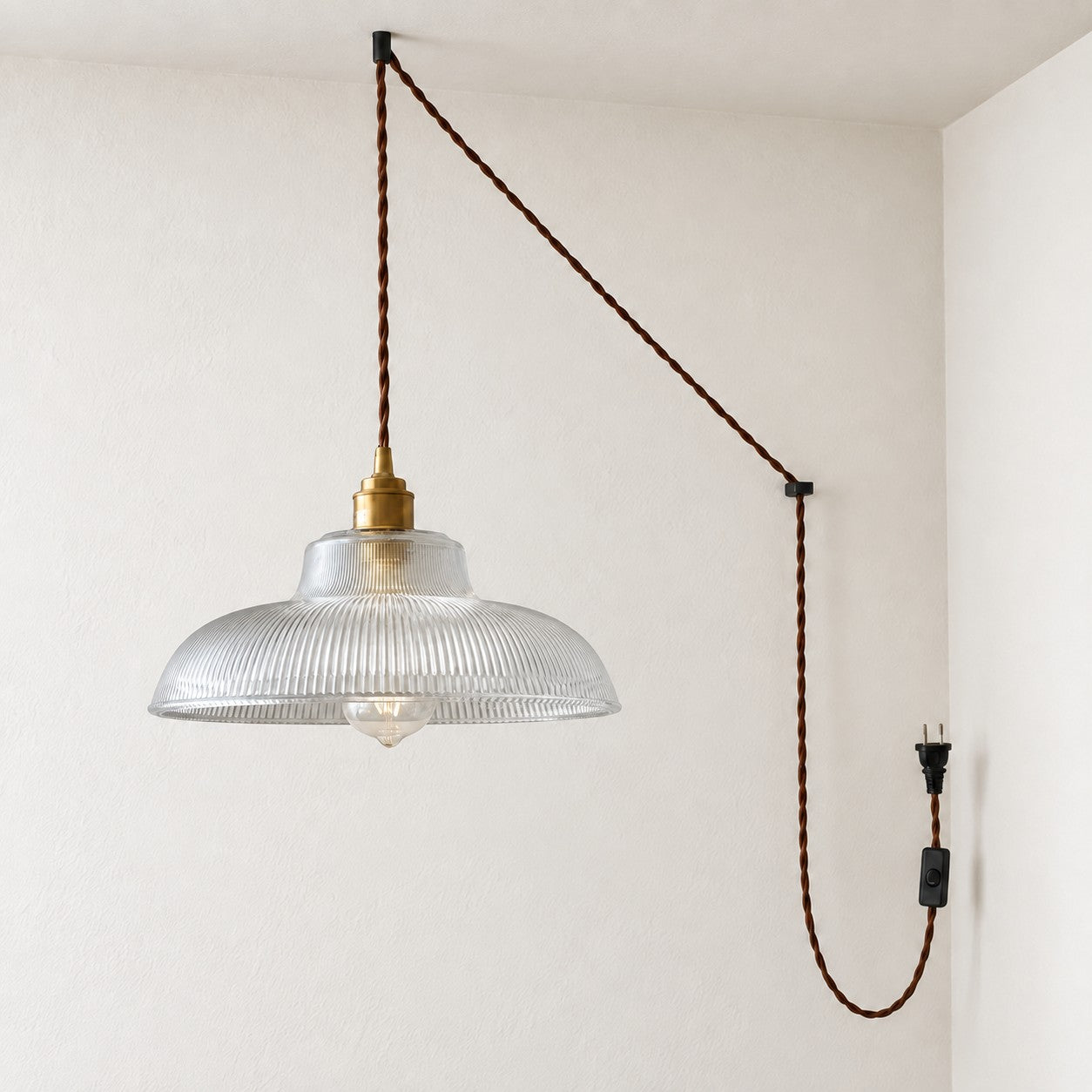 Vintage Ribbed Glass Shade Plug‑in Swag Pendant Light - Hanging Lamp for Dining and Living Room