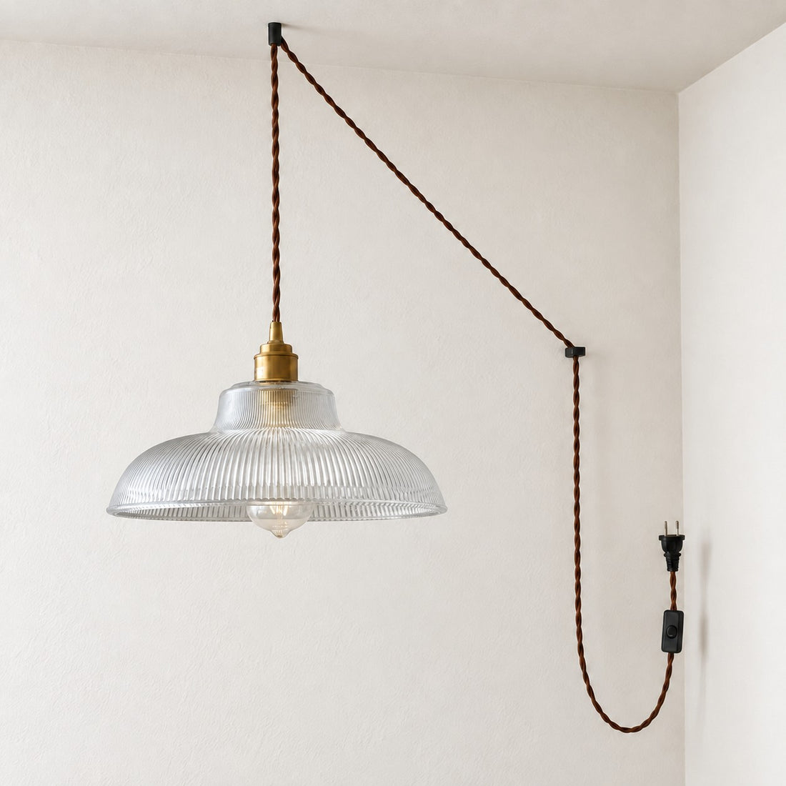 Vintage Ribbed Glass Shade Plug‑in Swag Pendant Light - Hanging Lamp for Dining and Living Room