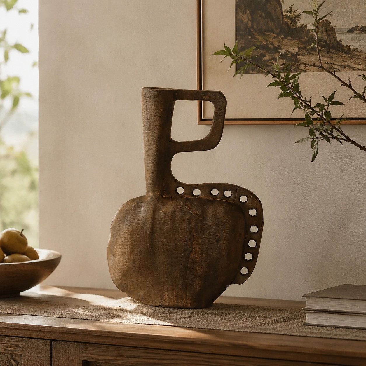 Hand-Carved Solid Wood Sculptural Vase