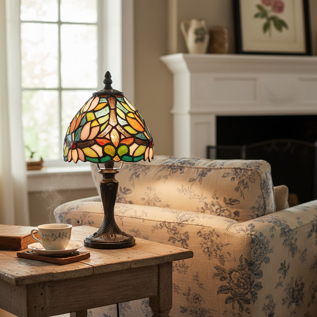 Calyra Vintage Floral Stained Glass Table Lamp — Art Deco Tiffany Style Accent Light for Bedside and Living Room