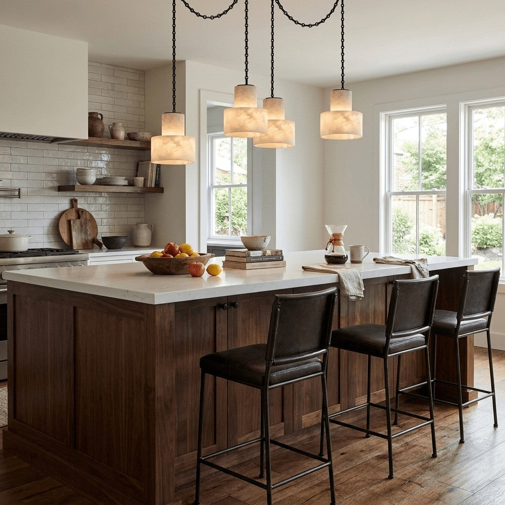 Black Metal Alabaster Frosted Shade Hardwired Chandelier