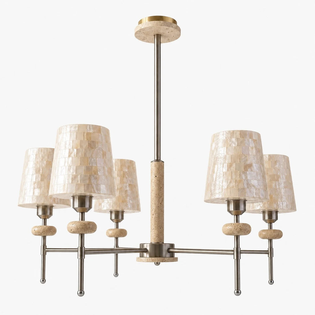 White five-light shell mosaic and travertine chandelier