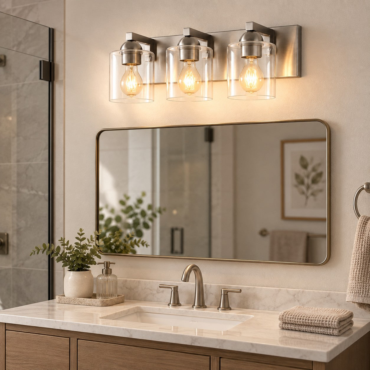 Modern Metal Vanity Light with Glass Shades for Bathrooms