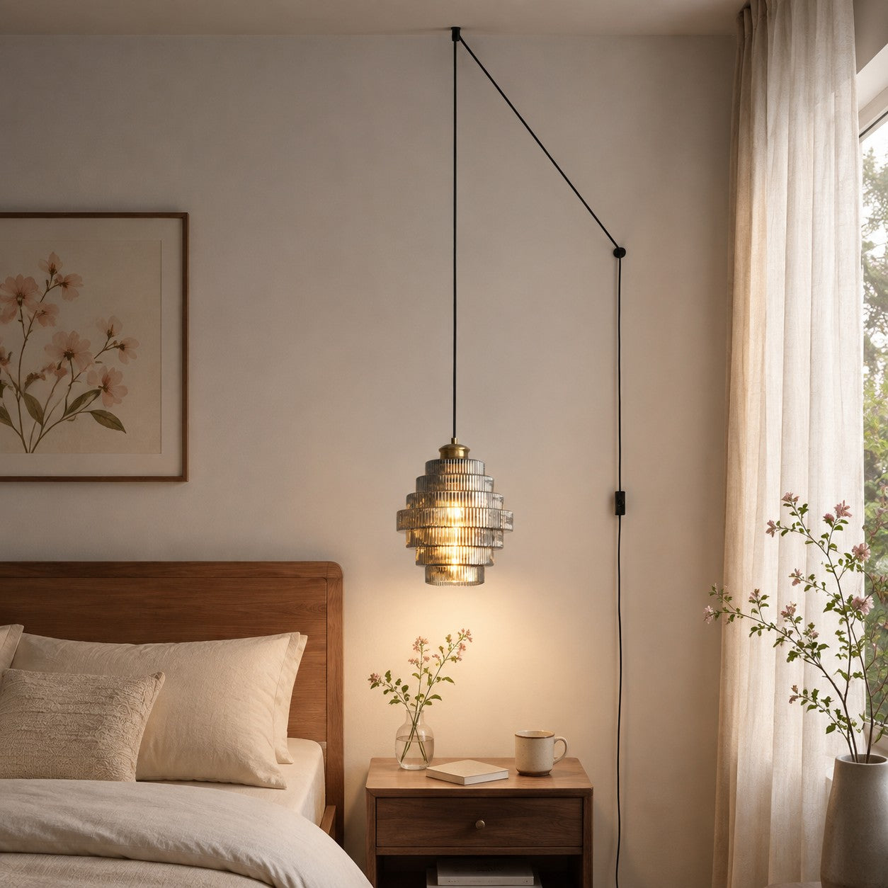 Ridged Glass Plug-In Pendant Light